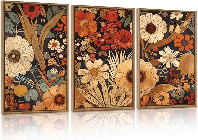 Aurlan Boho Burnt Orange Terracotta Wildflowers Framed Wall Art(24"x36"), 3 PCS Abstract Floral 3D Textured Canvas Artwork, Large Modern Vintage Botanical Nature Art Wall Decor for Home Office Living Room Bedroom-Ruum Studio Home