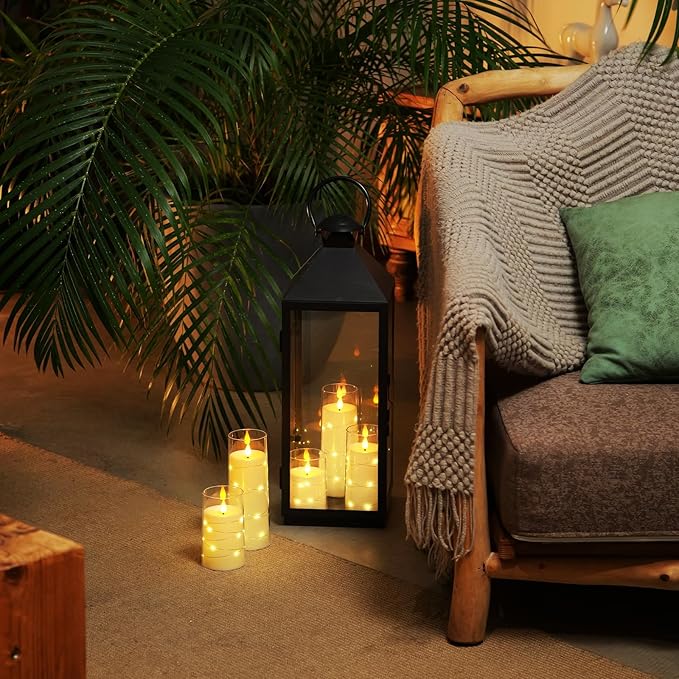 Homemory Pure White Flameless Candles with Embedded Star String Fairy Lights, Battery Operated Candle, LED Candles, Fake Candles with Remote Control and Timer, Set of 5(H4 5" 6" 8" 8")-Ruum Studio Home