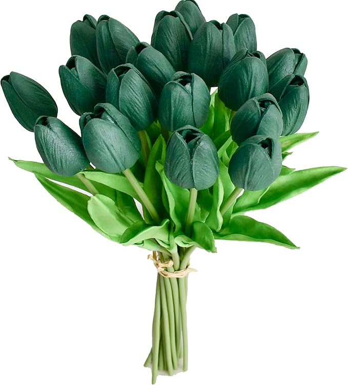 Mandy's Artificial Tulips 20 Stems Dark Green PU Faux Flowers for Wedding Home Decor 13.5 Inch-Ruum Studio Home
