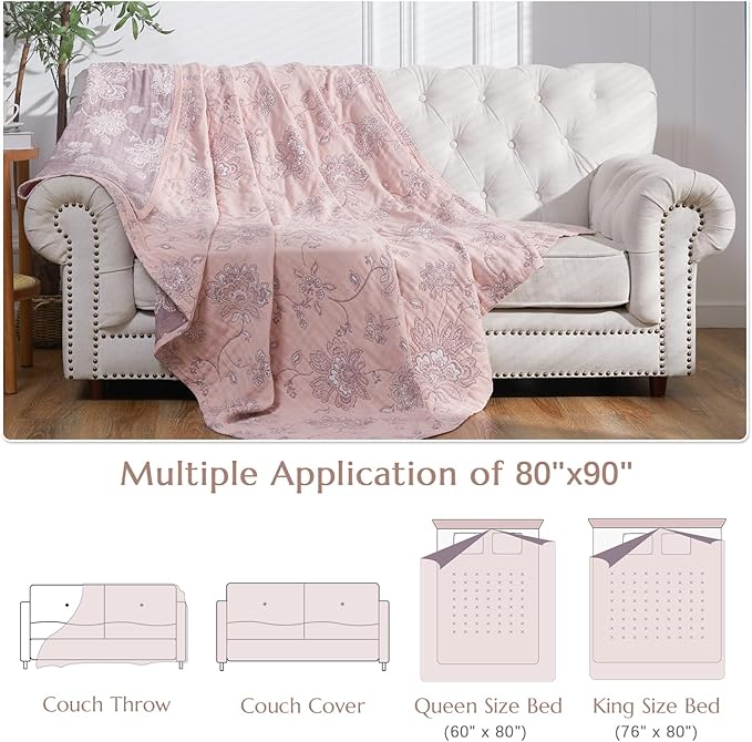 jinchan Boho 100% Cotton Muslin Queen Size 80x90 Inches Blanket Lightweight 4-Layer Quilted Soft Pink Multi Floral Throw Blanket Reversible Comfy Flower Rustic All Seasons Couch Bedroom Decor-Ruum Studio Home