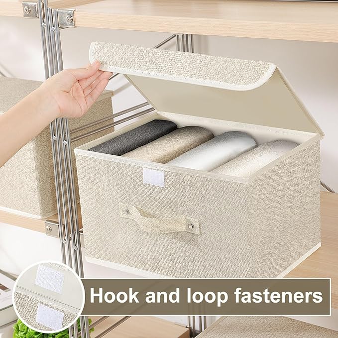 Storage Boxes, Collapsible Storage Bins with Lids, Cotton and linen cloth Storage Baskets with Handle, for Books, Closet, Bedroom, Home, 13x9.1x7.9 in, Grey and Beige-Ruum Studio Home