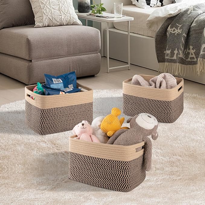 4 Pack Storage Baskets for Organizing, Woven Baskets for Shelves - Perfect for Toys, Books, Towels, and Clothes, Durable Gift Basket Bins Toy Storage, 13''L x9''W x7.8''H, Black and Brown-Ruum Studio Home