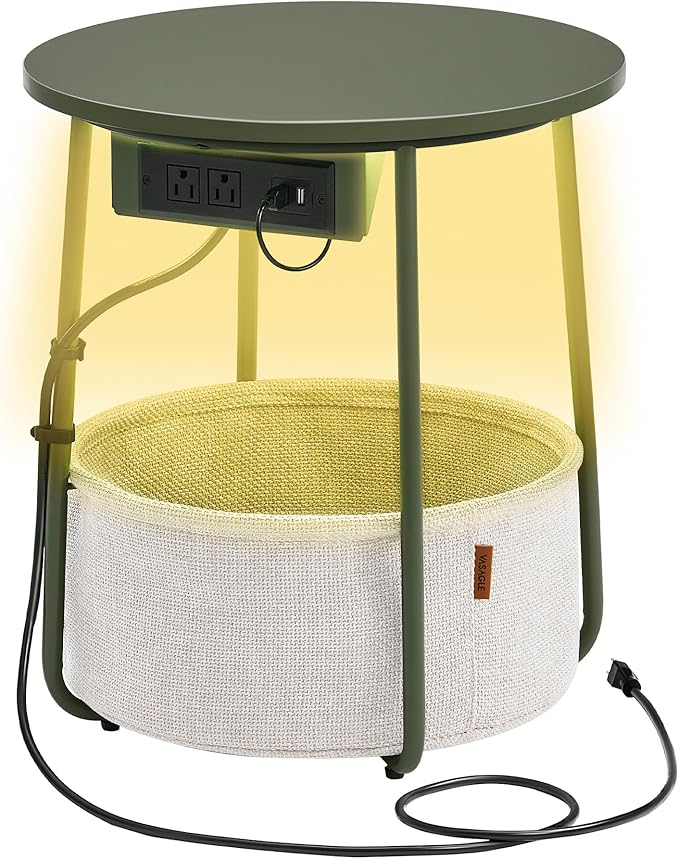 VASAGLE Side Table with Charging Station, Round End Table with Fabric Basket, LED Nightstand with Power Outlets, USB Ports, for Living Room, Bedroom, Modern, Forest Green and Cream White ULET227C01-Ruum Studio Home