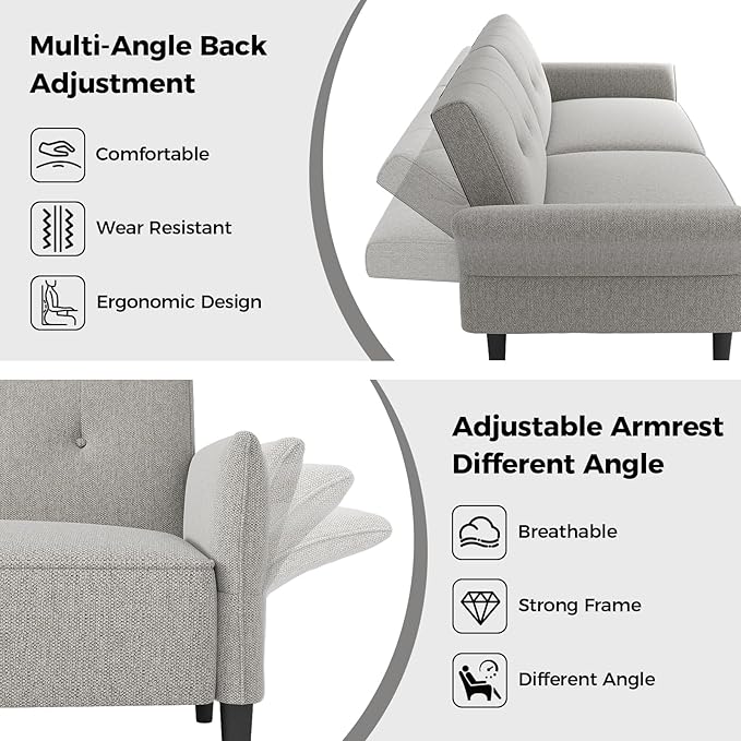 89” Futon Sofa Bed, Linen Comfy Futon Couch Bed with 2 Square Pillows, Convertible Sleeper Sofa with Adjustable Backrest& Armrests, Modern Loveseat Sleeper for Living Room, Bedroom, Light Gray-Ruum Studio Home
