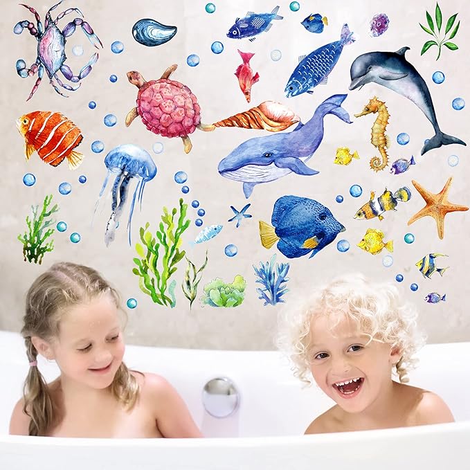52 Pcs Ocean Fish Wall Decals Glow in The Dark Under The Sea Wall Decals Sea Animals Stickers Removable Waterproof Peel and Stick for Kids Bathroom Watercolor Ocean Decor(Cute Style)-Ruum Studio Home