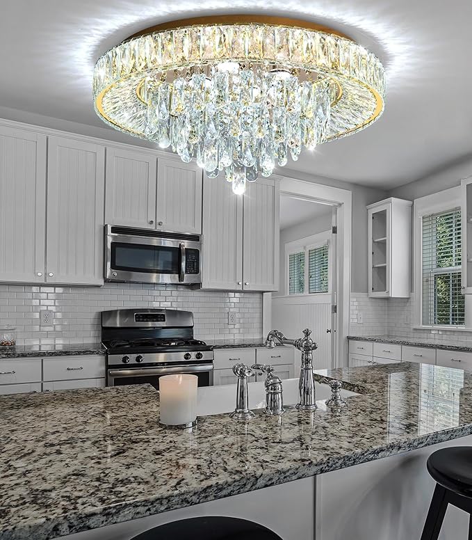 23.6'' Modern Crystal Chandeliers LED Dimmable Flush Mount Ceiling Chandeliers for Living Room Entrance Foyer Bedroom Gold-Ruum Studio Home