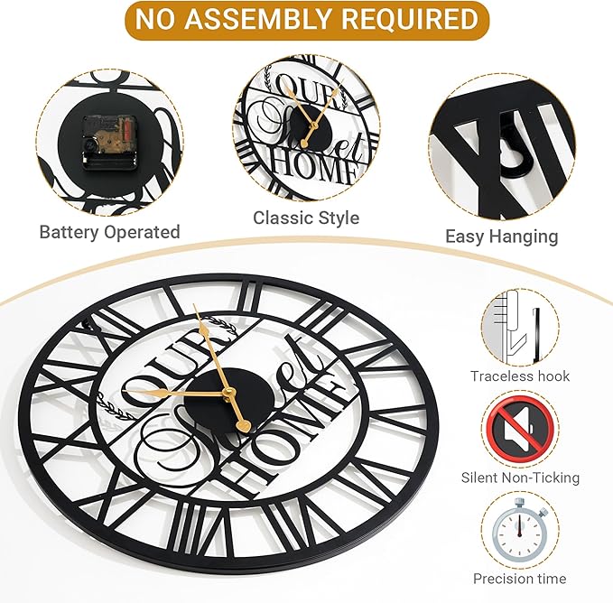 20inches/50cm Wall Clocks Roman Numeral Battery Powered No Ticking Silent Modern Unique Metal Wall ClocksSuitable Living Room Kitchen Bedroom Fireplace Office Farmhouse-Ruum Studio Home