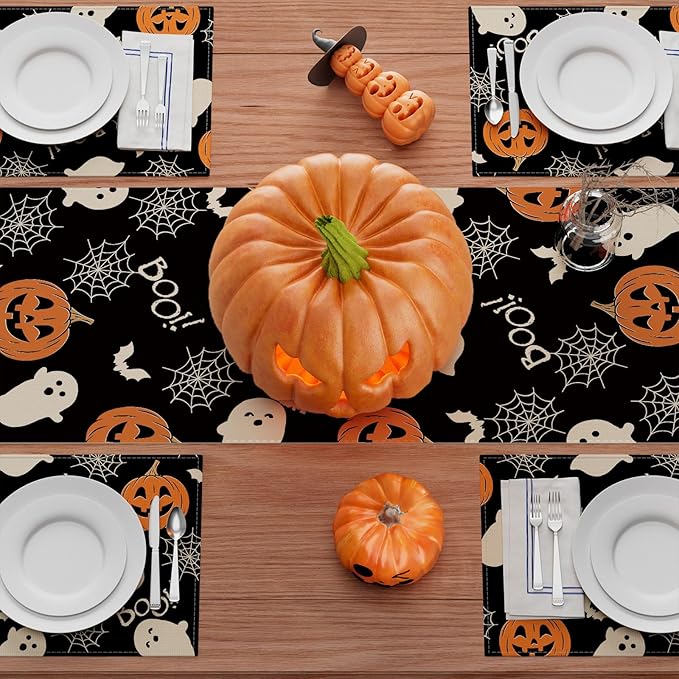 XCHI Boo Spooky Ghost Pumpkin Halloween Table Runner Burlap Table Decoration for Home Kitchen Dining Dinner Indoor Holiday Farmhouse Decor 13x48 Inch-Ruum Studio Home