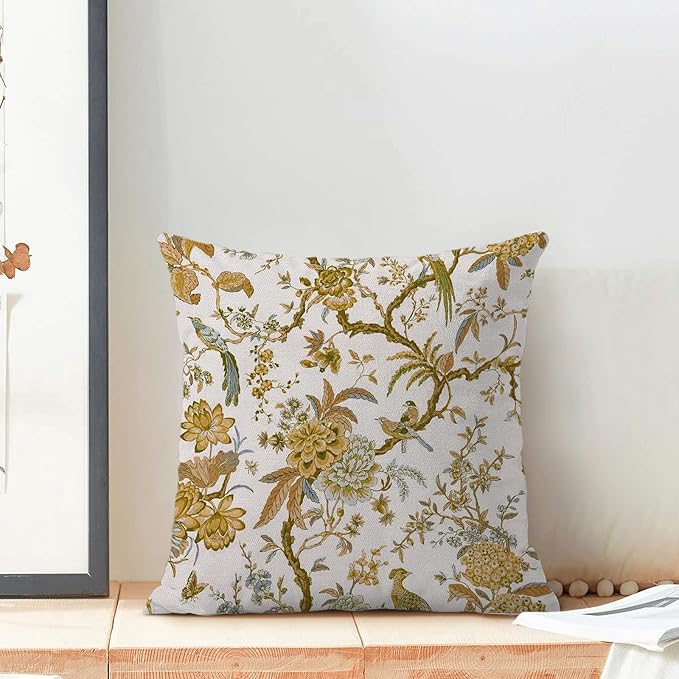 CXMEIFLY Summer Floral Birds Pillow Covers 20 x 20 Inch Set of 2 for Chinoiserie Flowers Spring Decor Throw Pillows Mustard Yellow Plant Outdoor Decorative Cushion Cases for Couch Bed Decorations-Ruum Studio Home