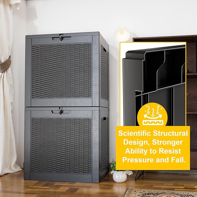 30 Gallon Wicker Pattern Resin Deck Box, Lockable Patio Outdoor Storage Box for Furniture, Garden Tools and Tools Storage, Waterproof Outside Storage Box - Black Rattan-Ruum Studio Home
