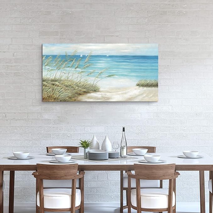 Beach Sea Canvas Wall Art: Coastal Reed Hand Painting Abstract Blue Ocean Sailboat Nautical Picture Modern Seascape Grass Path Artwork Decor for Living Room Bathroom Bedroom-Ruum Studio Home