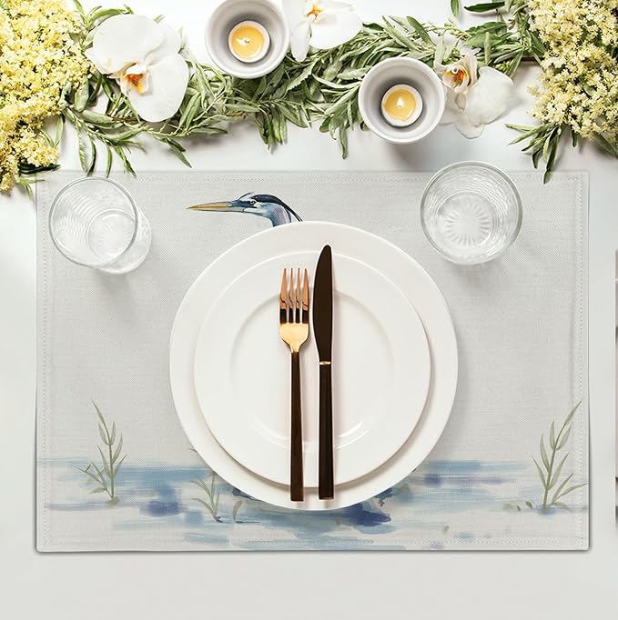 Coastal Placemats Set of 4 Summer Ocean Heron Place Mats 12x18 Inch Nautical Beach Sea Bird Pelican Table Mat Heat Resistant Non Slip Washable Linen Fabric Kitchen Dining Placemat-Ruum Studio Home
