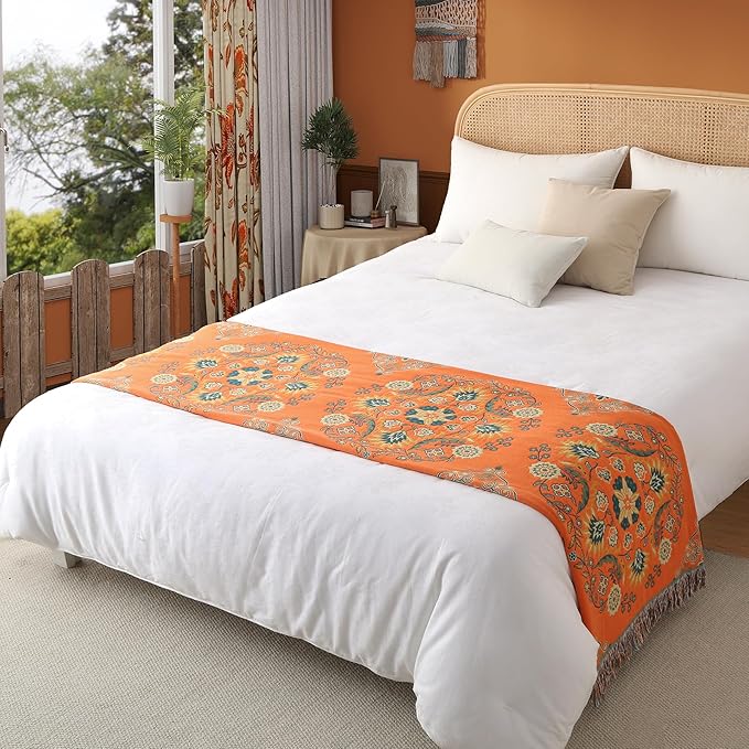 Boho Throw Blanket Full Size, Extra Large Soft Cozy Cotton Muslin Quilt Blanket for Bed Decor, Floral Patterned Couch Sofa Chair Cover, Vintage Farmhouse Cottage Woven Blanket, Orange&Green-Ruum Studio Home