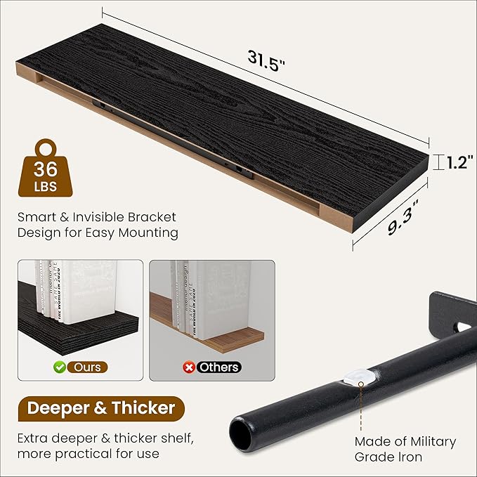 Fun Memories Floating Shelves for Wall, 32 Inch Rustic Wood Wall Mounted Shelves for Bathroom, Bedroom, Kitchen, Living Room, Deep Floating Shelves for Storage & Home Decor (Black, Set of 2)-Ruum Studio Home