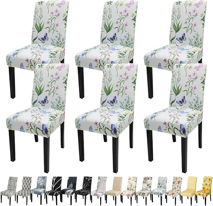 JQinHome Pattern Chair Covers for Dining Room Set of 6, High Stretch Removable Washable Parsons Chair Slipcover for Home Party Hotel Wedding Ceremony (Flowering Butterflies,6PCS)-Ruum Studio Home