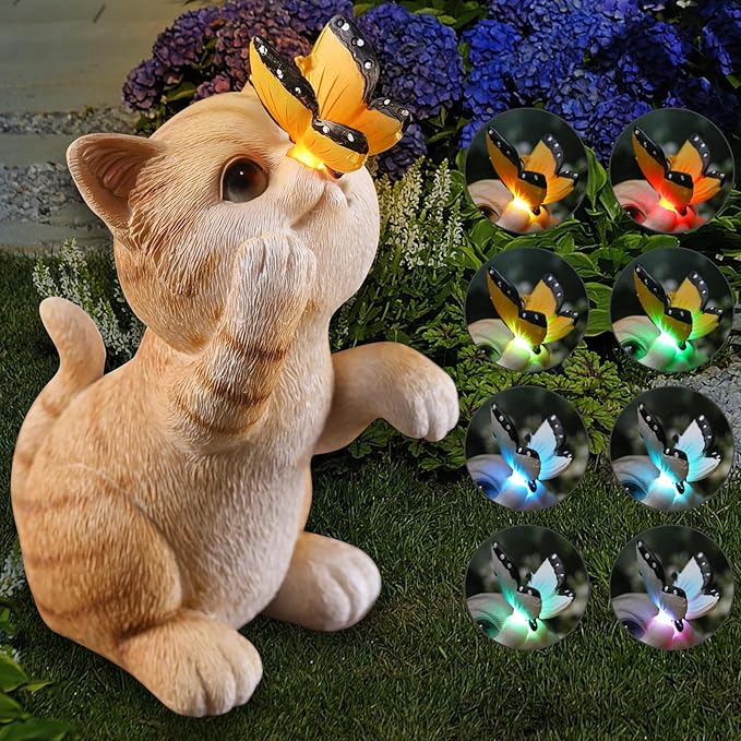 Solar Garden Statue Cute Cat Figurine Fun Color Changing LED Butterfly Light Outdoor Decor Waterproof Resin Sculpture Patio Lawn Art Housewarming Gifts for Cat Lovers Women-Ruum Studio Home