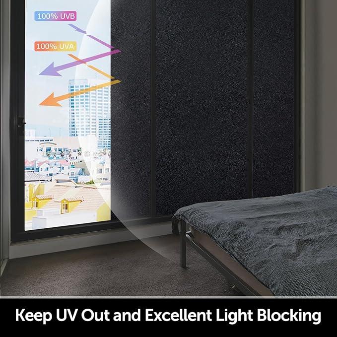 HIDBEA Blackout Window Film,100% Light Blocking Room Darkening Window Privacy Film,Frosted Glass Window Film Heat Control, Removable Window Cover Tint for Day Sleep (Black,35.4in x 6.5ft)-Ruum Studio Home