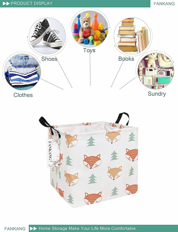FANKANG Square Nursery Hamper Storage Bins Canvas Laundry Basket Foldable with Waterproof PE Coating Storage Baskets Gift Baskets for Children, Office, Bedroom, Clothes（Square-Fox）-Ruum Studio Home