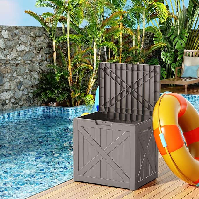 38 Gallon Outdoor Deck Box,Storage Lockable Waterproof Patio Furniture,Garden Tools,Cushions,Pool Accessories Outside Storage Resin Box(GreyX)-Ruum Studio Home