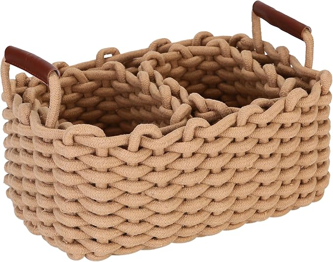 Sea Team 3-Pack Rectangle Woven Cotton Rope Storage Baskets with Handles, Shelf Basket, Closet Organizers, 3-in-1, Khaki-Ruum Studio Home