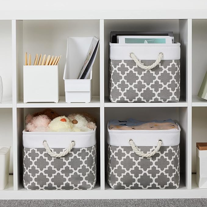 Bidtakay Basket Storage Bins Baskets for Organizing Set of 3 Collapsible Cloth Storage Linen Closet Organizer 15 X 11 X 9.5 Inches Large Foldable Baskets for Shelves (White&Quatrefoil Grey)-Ruum Studio Home