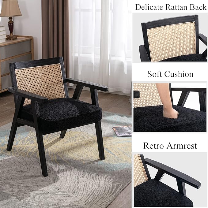 Accent Rattan Chairs Set of 2, Faux Fur Upholstered Living Room Chairs with Cane Back, Retro Mid Century Modern Cane Chair Armchair for Reception Reading Indoor Outdoor, Black-Ruum Studio Home