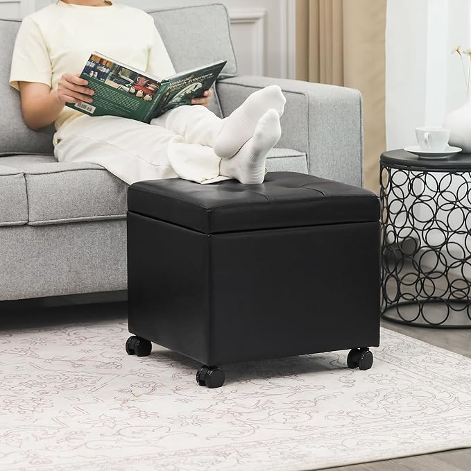 Adeco 17.7" Leather Ottoman with Wheels, Black Square Rolling Ottoman with Storage, Upholstered Button Tufted Vanity Stool with Hinged Lid for Living Room, Bedroom, Dorm-Ruum Studio Home