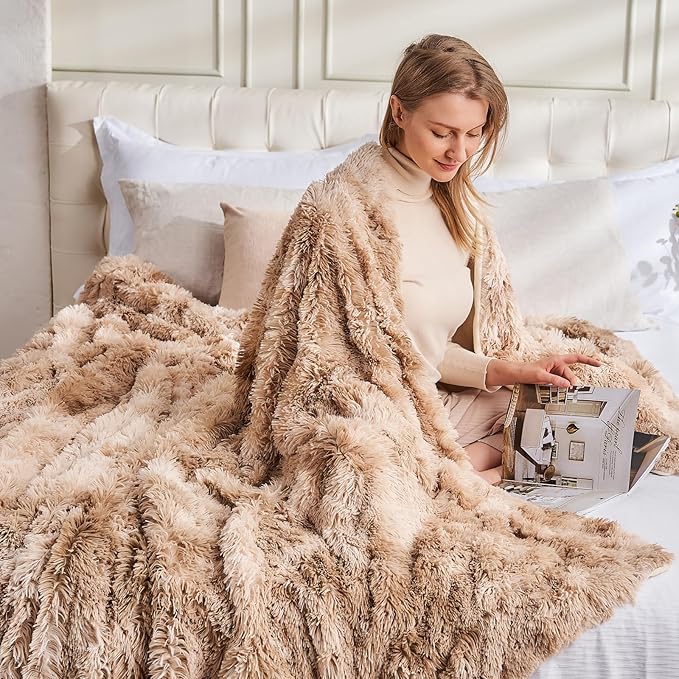 GONAAP Fuzzy Faux Fur Throw Blanket Tie-dye Beige Super Soft Cozy Plush Fuzzy Shaggy Blanket for Couch Sofa Bed (Tie-dye Beige, Throw(50"x60"))-Ruum Studio Home