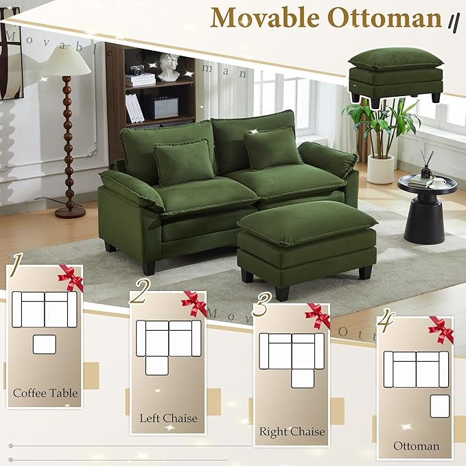 URRED Modular Sectional Sofa Comfy Cloud Couch, Modern Corduroy Sofa Sleeper Deep Seat Couches with Ottoman/Pillows for Living Room (Green, 82.6''- L Shape)-Ruum Studio Home