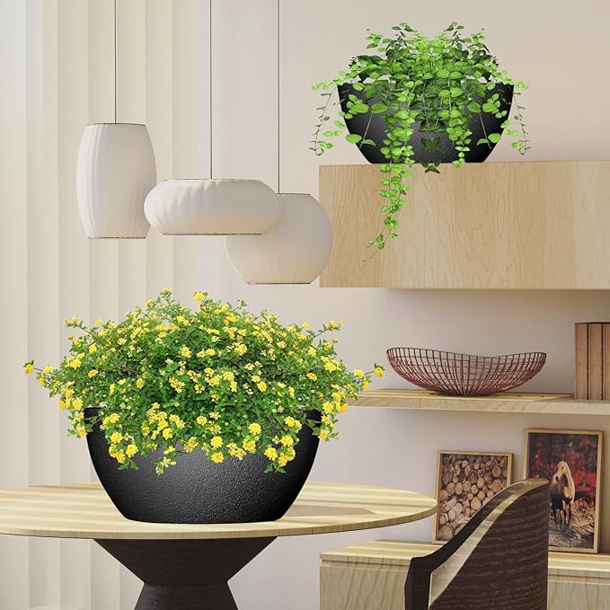 WOUSIWER 13 inch 2Pack Large Hanging Planters for Outdoor Indoor Plants with Drainage Holes and Chain, Round Hanging Flower Pots for Garden Home Porch Decor, Black-Ruum Studio Home