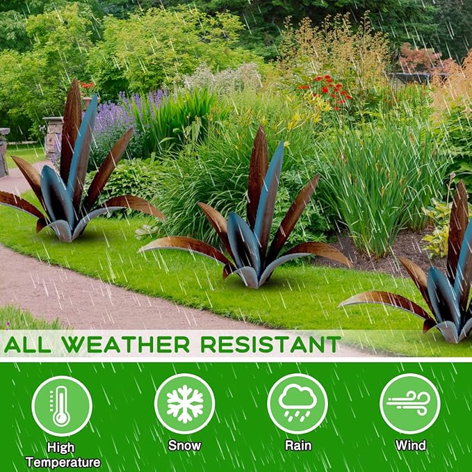 DIY Metal Agave Plant Art Yard Tequila Art Sculpture, Tequila Rustic Garden Sculpture Statue Outdoor Decor,Agave Metal Plants for Yard, Garden Lawn Ornaments (9 Leaves -Blue)-Ruum Studio Home