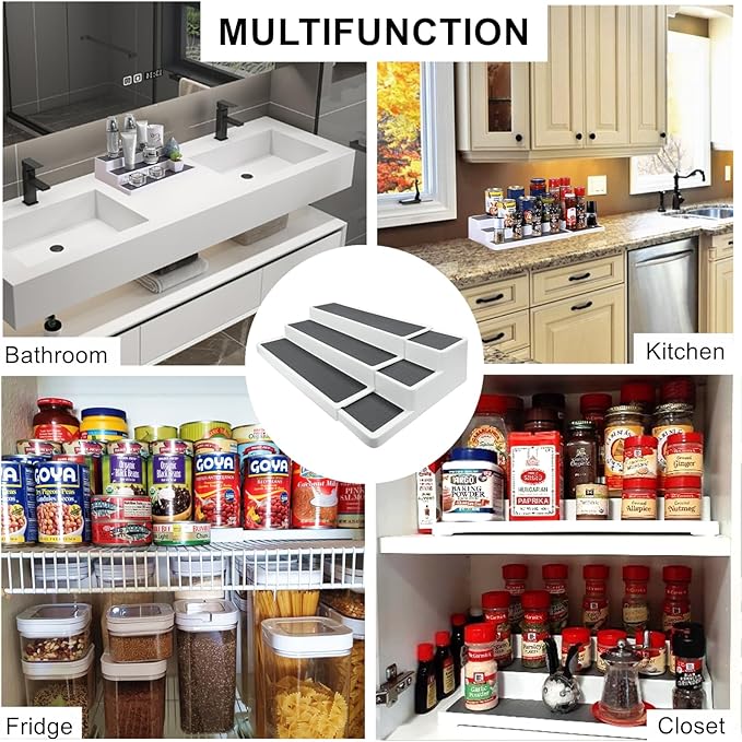 3 Tier Expandable Spice Rack Organizer, White/Grey Plastic Spice Rack, Adjustable Length 14.6In-25.8In, 2 Pack Non-Skid Tiered Spice Shelf Organizer for Kitchen Cabinet, Cupboard, Pantry-Ruum Studio Home