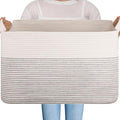 OIAHOMY 95L Blanket Basket, 24”x17”x14”, Large Woven Baskets for Storage, Nursery Cotton Rope Basket with Handle, Living Room, Nursery, Bedroom,Toy Baskets Organizer Bins, Black and White-Ruum Studio Home