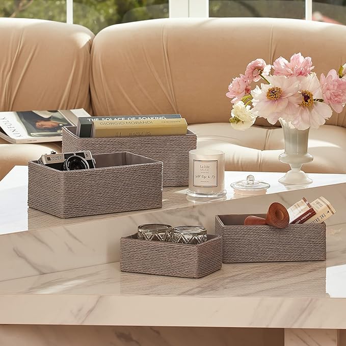 LA JOLIE MUSE Storage Baskets Set 4 - Stackable Woven Basket Paper Rope Bin, Storage Boxes for Makeup Closet Bathroom Bedroom (Gray)-Ruum Studio Home