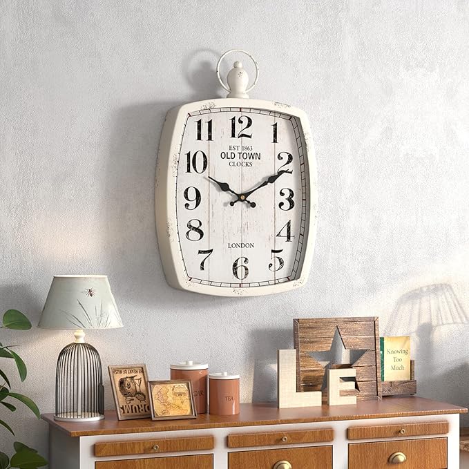 Menterry Rectangle Retro Large Wall Clock, Old-Fashioned Vintage Design, White Antique Style, Battery Operated Silent Decor Wall Clocks for Farmhouse,Kitchen,Office (15.5" H x 10.2" W)-Ruum Studio Home