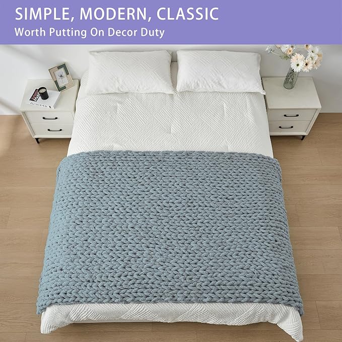 Bigacogo Chunky Knit Throw Blanket for Couch, 40x80 inches, 100% Hand Knitted with Thick Jumbo Chenille Yarn, Cozy Soft Large Rope Knot Cable Crochet Blankets for Sofa Bed Living Room, Dusty Blue-Ruum Studio Home