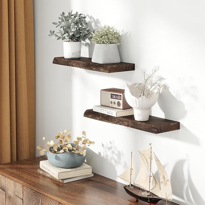 24" Floating Shelves, Live Edge Solid Elm Wood Floating Shelf, Wall Mounted Display Shelves with Heavy-Duty Bracket for Books, Rustic Wooden Shelf for Kitchen, Bathroom, Walnut Color, Set of 2-Ruum Studio Home