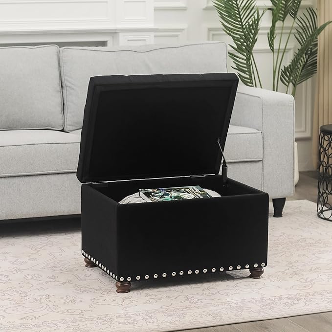 Joveco Storage Ottoman Bench, Rectangle 24″ Linen Foot Rest Stool Square Footstool for Living Room, Bedroom, Black-Ruum Studio Home