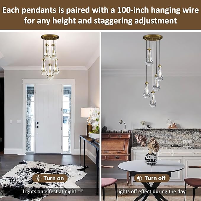Gold 5 Light Cluster Pendant Lighting, Raindrop Chandeliers Brass Dining Room Lights Fixture, Teardrop Pendant Lights Kitchen Island, Hanging Lamp Ceiling for Entryway Foyer Staircase-Ruum Studio Home