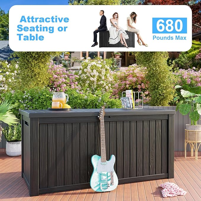 180 Gallon Deck Box,Resin Outdoor Storage Box with Lockable for Patio Furniture, Pool Accessories, Garden Tools Waterproof Outside Storage Box, Black-Ruum Studio Home