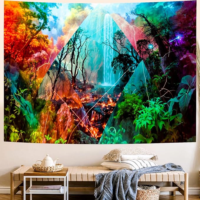 Delur Forest Tapestry Waterfall Mountain Rainforest Sunset Nature Tree Tapestry Wall Hanging Scenic Tropical Landscape Natural Sunrise Headboard for Bedroom Living Room Home Decor (59.1" x 78.7")-Ruum Studio Home