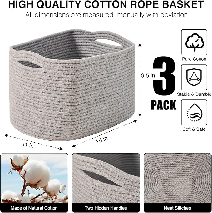 Storage Baskets for Organizing Shelves, Woven Cotton Rope Bins for Baby Nursery Organization, Book Toy Towel Organizer, 15"x11"x9.5", 3 Packs, Grey-Ruum Studio Home
