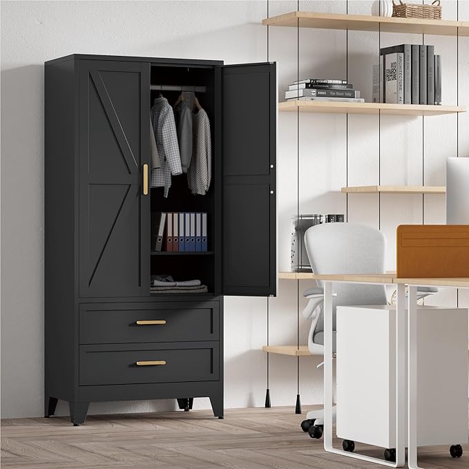 71'' Farmhouse Metal Wardrobe Cabinet with Hanging Rod, 2 Barn Door Wardrobe Closet with Adjustable Shelves,2 Drawer,for Dining Room,Bedroom,Living Room, Cloak Room,Office (Black)-Ruum Studio Home