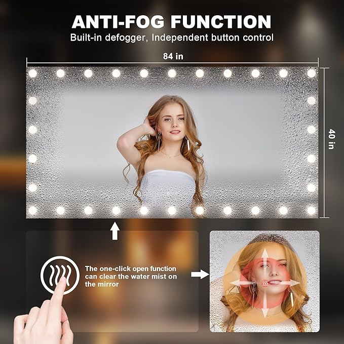 Hasipu LED Bathroom Mirror with Lights, 71" x 36" Hollywood Wall-Mounted Bathroom Mirror with 30 Dimmable Bulbs, 3 Colors Modes, Touch Control, Anti-Fog, Memory Function, Shatter-Proof, ETL Listed-Ruum Studio Home