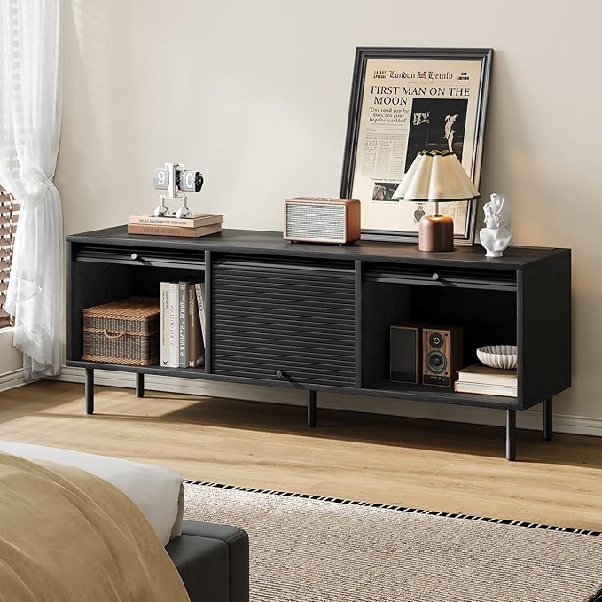 59 Inch TV Stand with Power Outlet for TVs up to 65 Inch, Entertainment Center with Storage, Mid-Century Modern TV Console, Adjustable Shelf & Sliding Doors, TV Stand for Living Room, Bedroom, Black-Ruum Studio Home