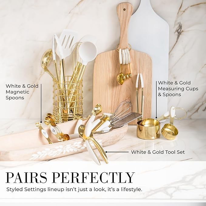 White Silicone and Gold Cooking Utensils Set with Gold Utensil Holder - 7-Piece Silicone Cooking Tools - Ideal for Nonstick Cookware and Stylish Modern Kitchens - Luxury Kitchen Accessories-Ruum Studio Home