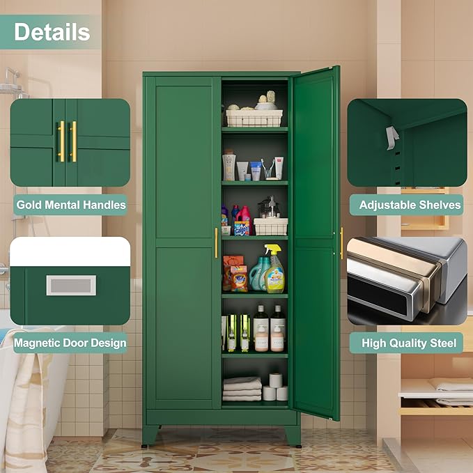 Metal Pantry Cabinet with 2 Doors and 5 Adjustable Shelves, 75" Kitchen Storage Cabinet with Gold Handles, Versatile Storage for Laundry, Living, Bathroom, Dining, Utility Room - Green-Ruum Studio Home