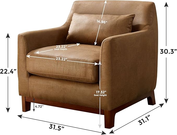 Extra Deep Accent Chair, Comfy Fabric Armchair with Wood Base, Upholstered Single Sofa Chair for Living Room & Bedroom, Faux Leather Brown-Ruum Studio Home