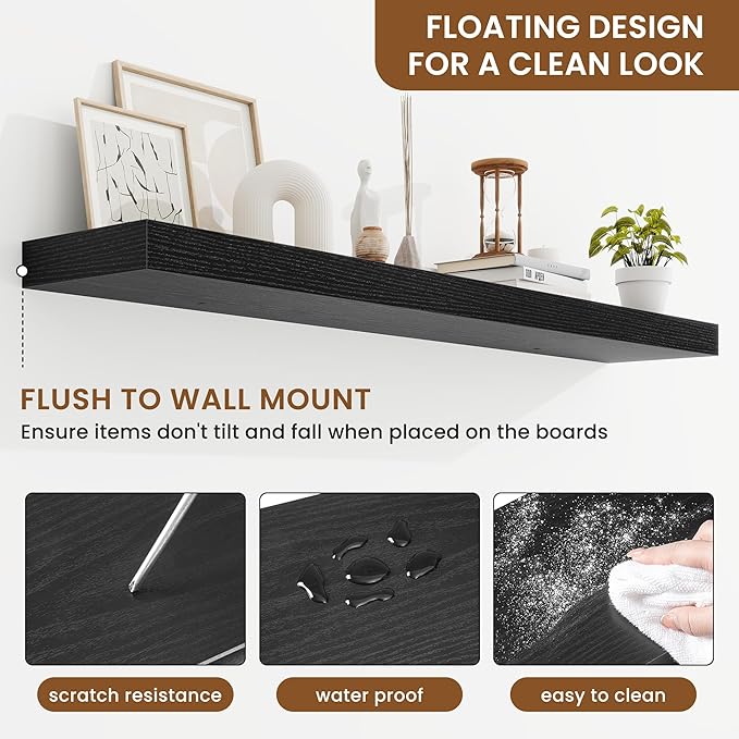 fuqing Floating Shelves for Wall, Bathroom Shelf Wall Mounted for Storage, Shelves with Invisible Bracket for Bedroom, Kitchen, Living Room, Farmhouse Small Book Shelf, 48 Inch Set of 2, Black-Ruum Studio Home