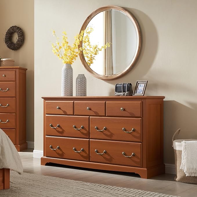T4TREAM 7 Drawers Dresser Chests for Bedroom, Wood Vintage Chests of Drawers, Rustic Dressers Chset Organizer for Bedroom, Living Room, Hallway, Cherry-Ruum Studio Home